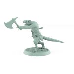 ratfolk barbarian mid-throw with axe ready plague of rouswarm fantasy miniature
