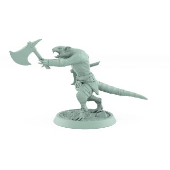 ratfolk barbarian mid-throw with axe ready plague of rouswarm fantasy miniature
