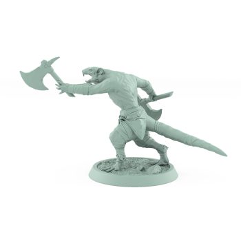 ratfolk barbarian mid-throw with axe ready plague of rouswarm fantasy miniature