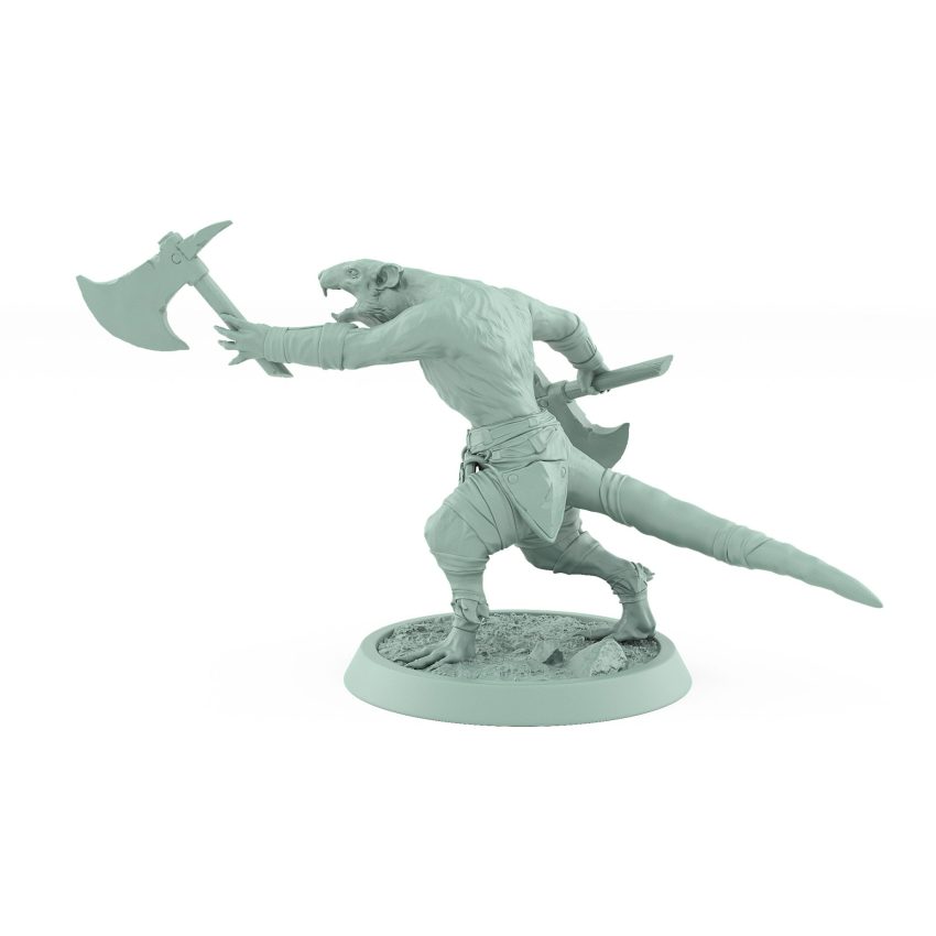 ratfolk barbarian mid-throw with axe ready plague of rouswarm fantasy miniature