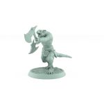 ratfolk barbarian mid-throw with axe ready plague of rouswarm fantasy miniature