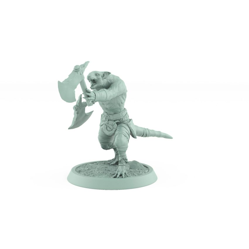 ratfolk barbarian mid-throw with axe ready plague of rouswarm fantasy miniature