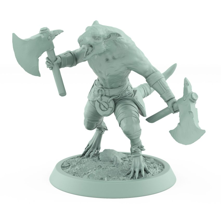 ratfolk barbarian cautiously advancing with raised axe plague of rouswarm fantasy miniature