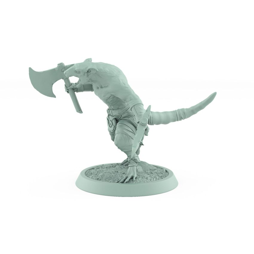 ratfolk barbarian cautiously advancing with raised axe plague of rouswarm fantasy miniature