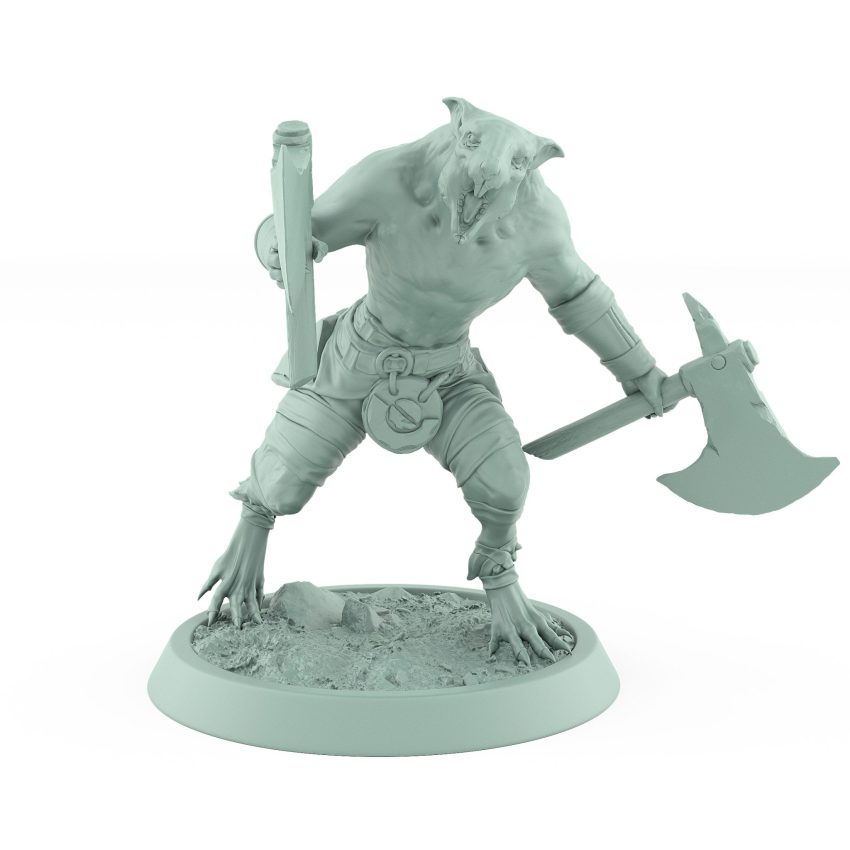 ratfolk barbarian cautiously advancing with raised axe plague of rouswarm fantasy miniature