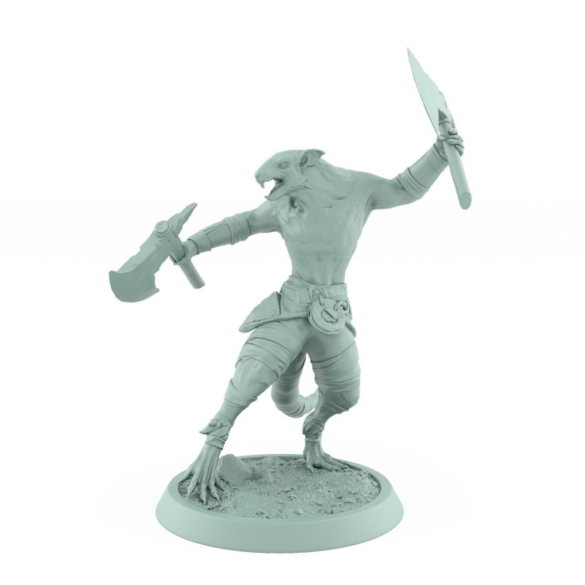 ratfolk barbarian cautiously advancing with raised axe plague of rouswarm fantasy miniature