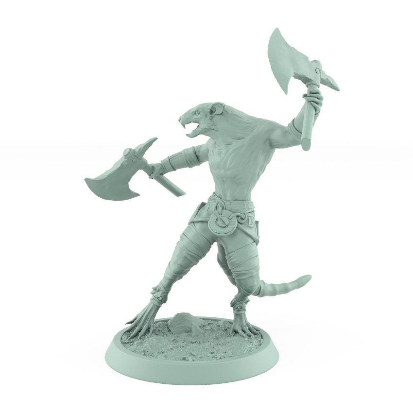 ratfolk barbarian cautiously advancing with raised axe plague of rouswarm fantasy miniature