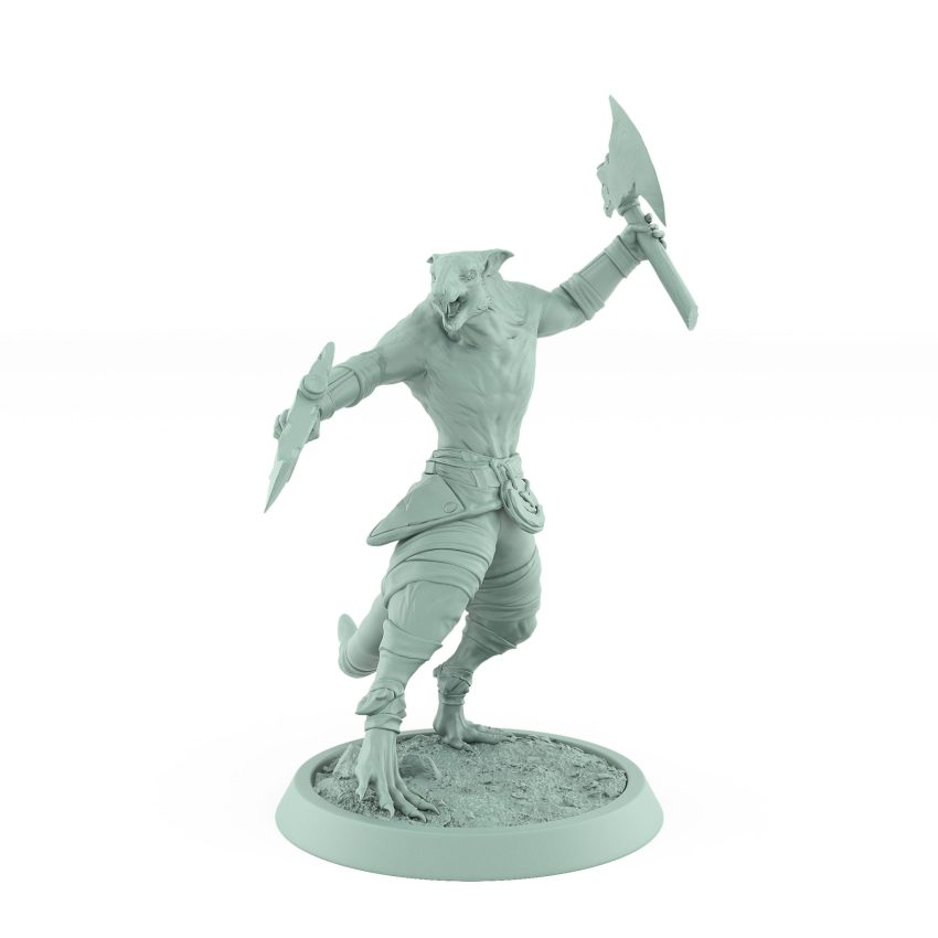 ratfolk barbarian cautiously advancing with raised axe plague of rouswarm fantasy miniature