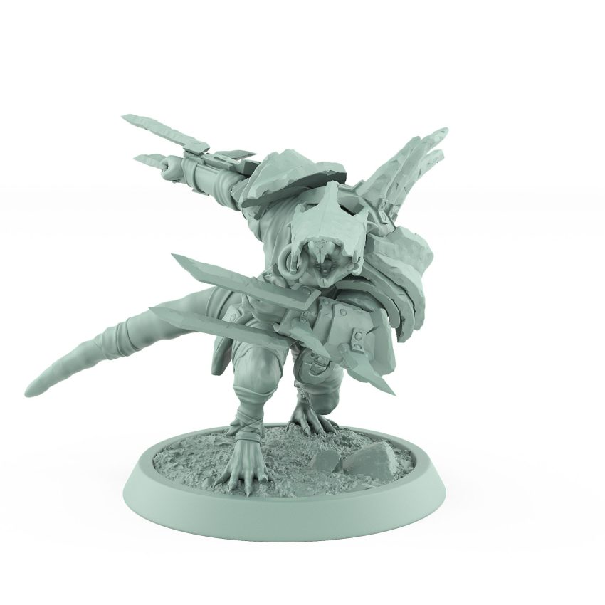 ratfolk barbarian winding up twin axes for battle plague of rouswarm fantasy miniature