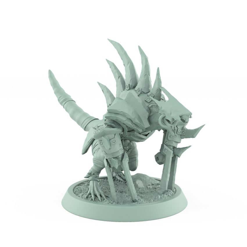 armored ratfolk berserker charging with spiked blades plague of rouswarm fantasy miniature