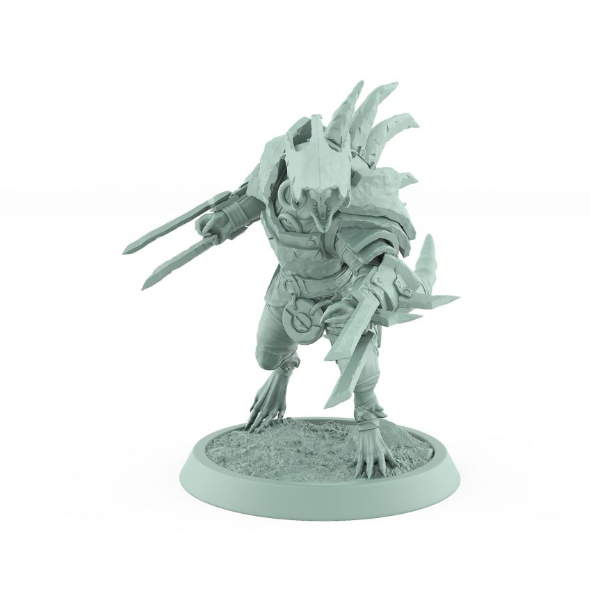 ratfolk berserker mid-pounce with claws and spiked armor plague of rouswarm fantasy miniature