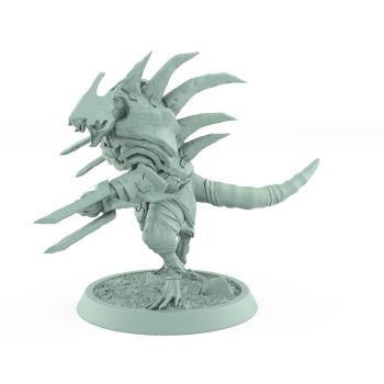 ratfolk berserker mid-pounce with claws and spiked armor plague of rouswarm fantasy miniature