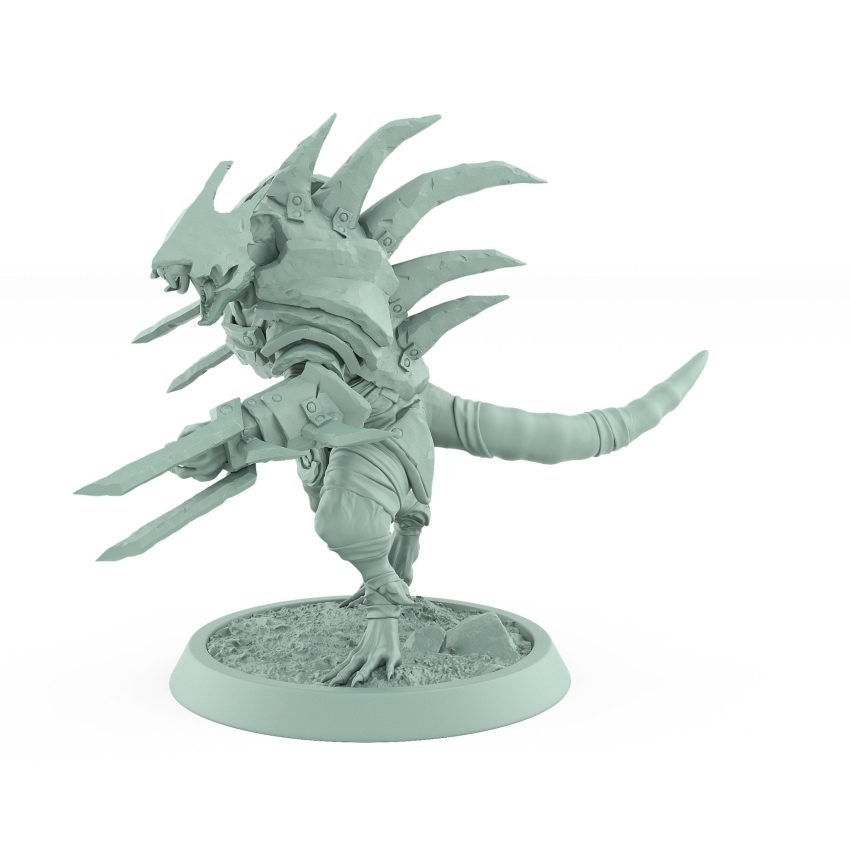ratfolk berserker mid-pounce with claws and spiked armor plague of rouswarm fantasy miniature