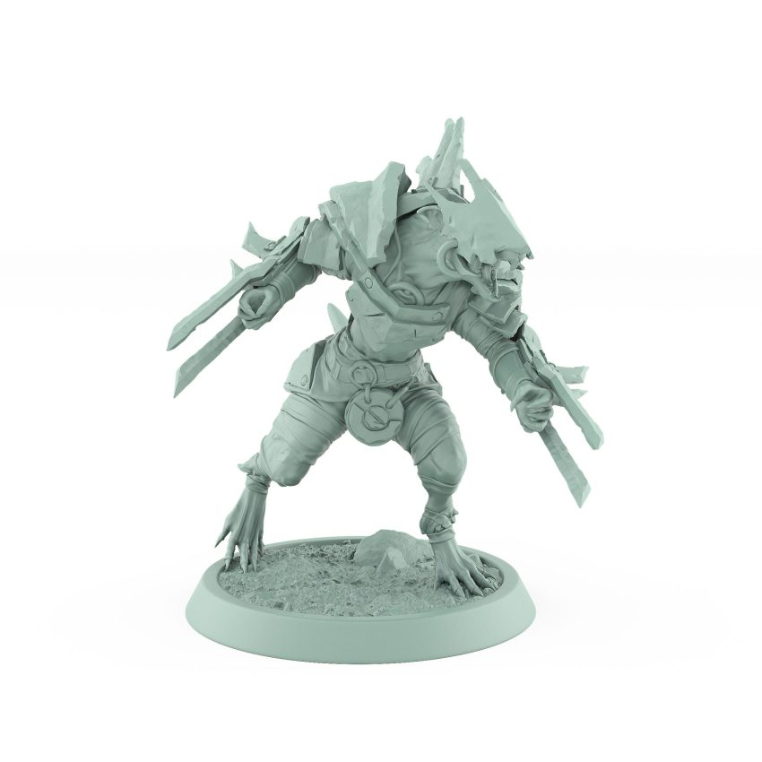 ratfolk berserker mid-pounce with claws and spiked armor plague of rouswarm fantasy miniature