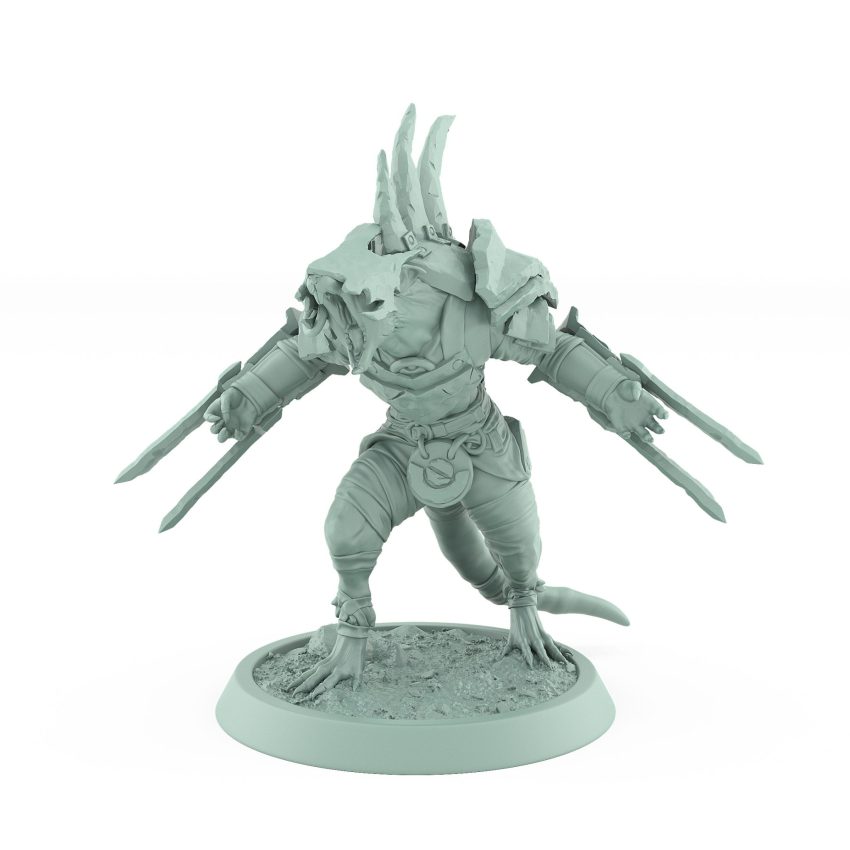 armored ratfolk berserker walking with claws and spiked plates plague of rouswarm fantasy miniature