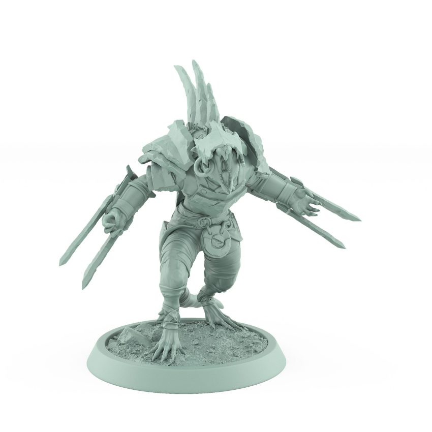 armored ratfolk berserker walking with claws and spiked plates plague of rouswarm fantasy miniature