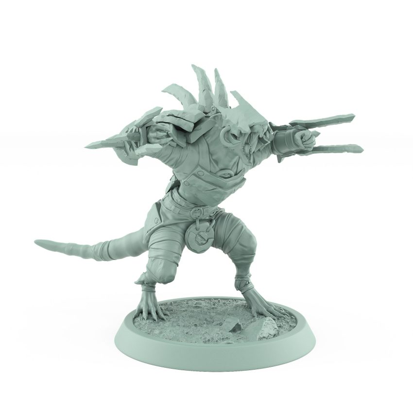 armored ratfolk berserker roaring with blades and spikes plague of rouswarm fantasy miniature