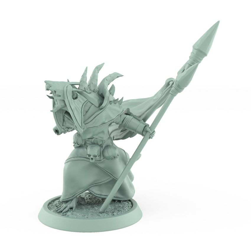 ratfolk plague priest casting dark spell with staff and bones plague of rouswarm fantasy miniature