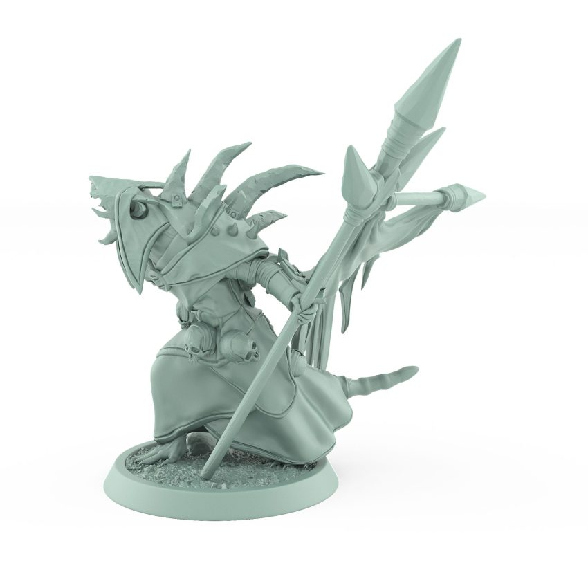 ratfolk plague priest casting dark spell with staff and bones plague of rouswarm fantasy miniature