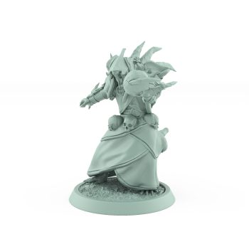 ratfolk plague priest kneeling with spiked banner and robed armor plague of rouswarm fantasy miniature
