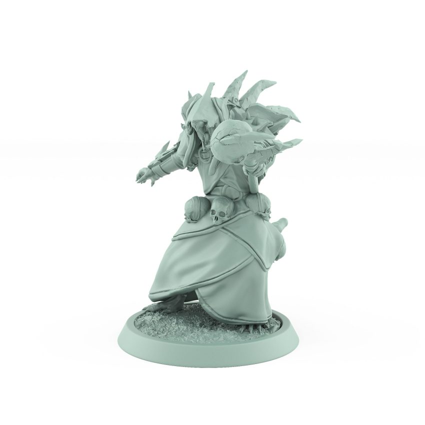 ratfolk plague priest kneeling with spiked banner and robed armor plague of rouswarm fantasy miniature
