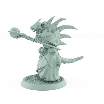 ratfolk plague priest kneeling with spiked banner and robed armor plague of rouswarm fantasy miniature