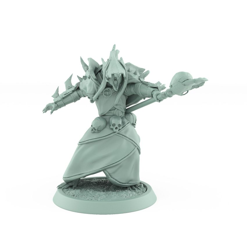 ratfolk plague priest kneeling with spiked banner and robed armor plague of rouswarm fantasy miniature