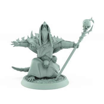 ratfolk plague priest casting spell with skull staff and spiked armor plague of rouswarm fantasy miniature