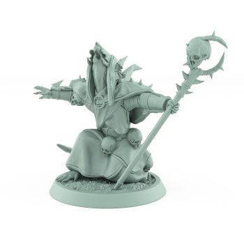 ratfolk plague priest casting spell with skull staff and spiked armor plague of rouswarm fantasy miniature