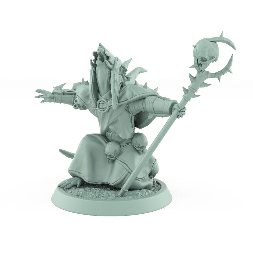 ratfolk plague priest casting spell with skull staff and spiked armor plague of rouswarm fantasy miniature