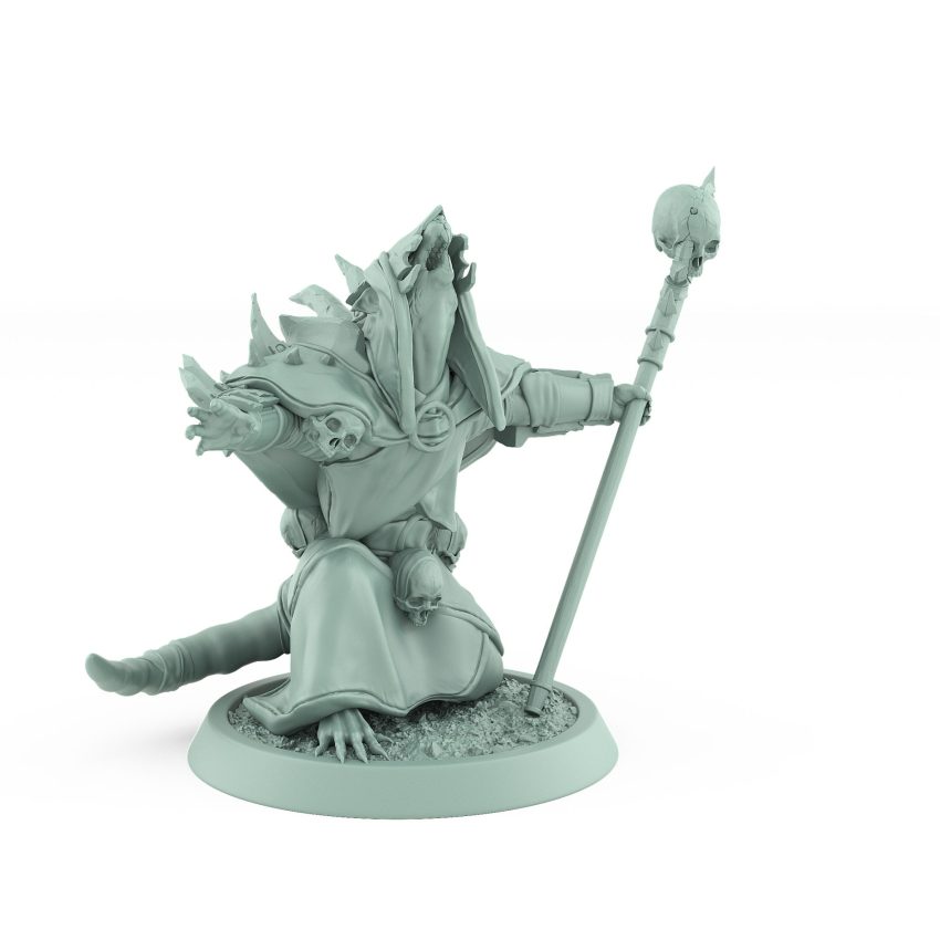ratfolk plague priest casting spell with skull staff and spiked armor plague of rouswarm fantasy miniature