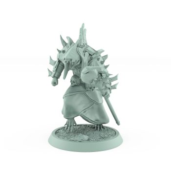 ratfolk plague priest kneeling with staff and skulls in prayer plague of rouswarm fantasy miniature