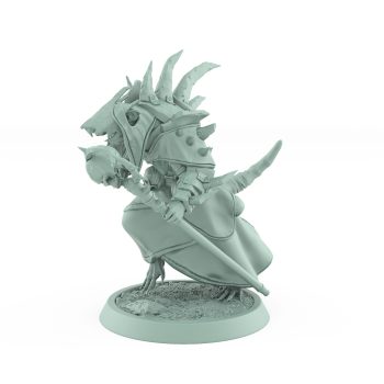 ratfolk plague priest kneeling with staff and skulls in prayer plague of rouswarm fantasy miniature