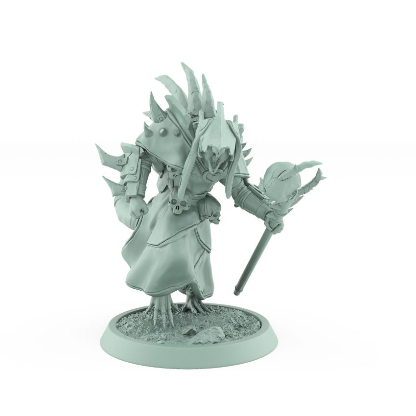 ratfolk plague priest kneeling with staff and skulls in prayer plague of rouswarm fantasy miniature