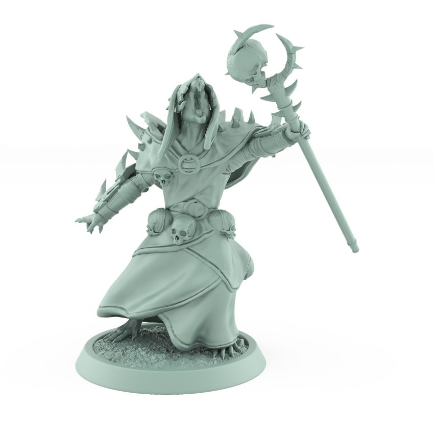 ratfolk plague priest running with skull staff and spiked helm plague of rouswarm fantasy miniature