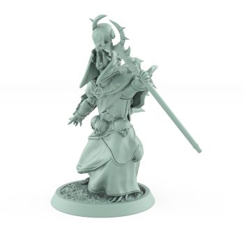 ratfolk plague priest running with skull staff and spiked helm plague of rouswarm fantasy miniature