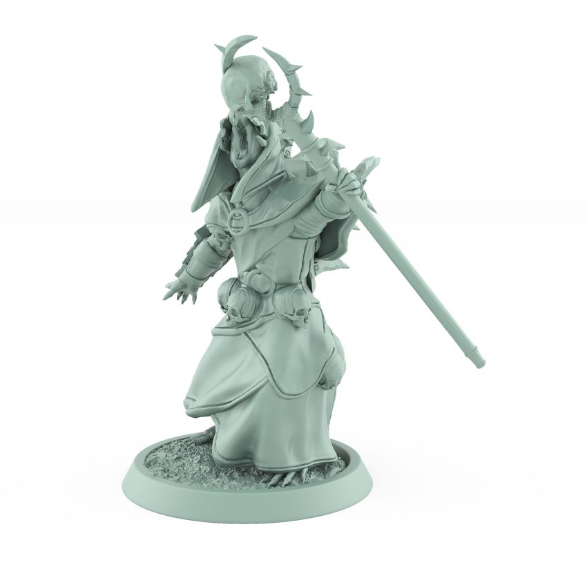 ratfolk plague priest running with skull staff and spiked helm plague of rouswarm fantasy miniature
