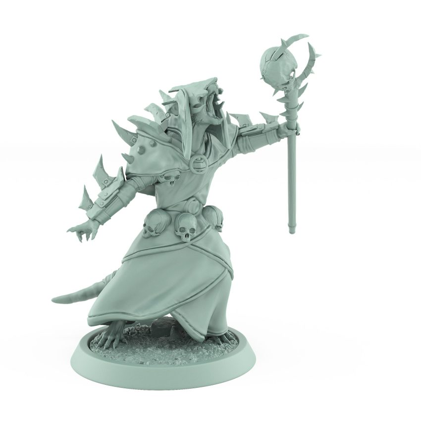 ratfolk plague priest running with skull staff and spiked helm plague of rouswarm fantasy miniature