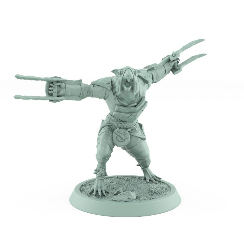 ratfolk plague priest screaming with crescent staff and tattered robes plague of rouswarm fantasy miniature