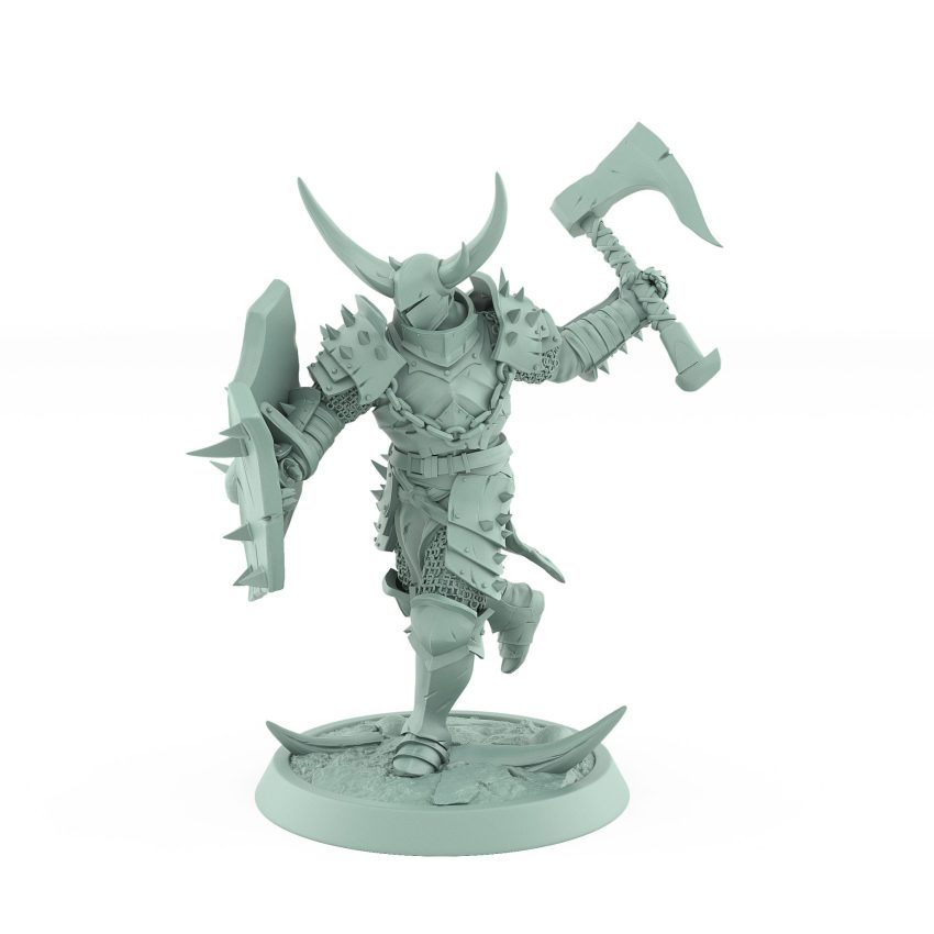 running fantasy human warrior with axe and spiked shield from unchained collection