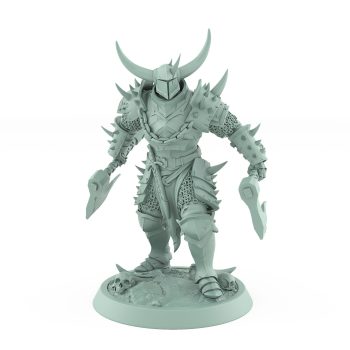 human fantasy miniature with dual axes horned helmet and spiked armor from the unchained collection
