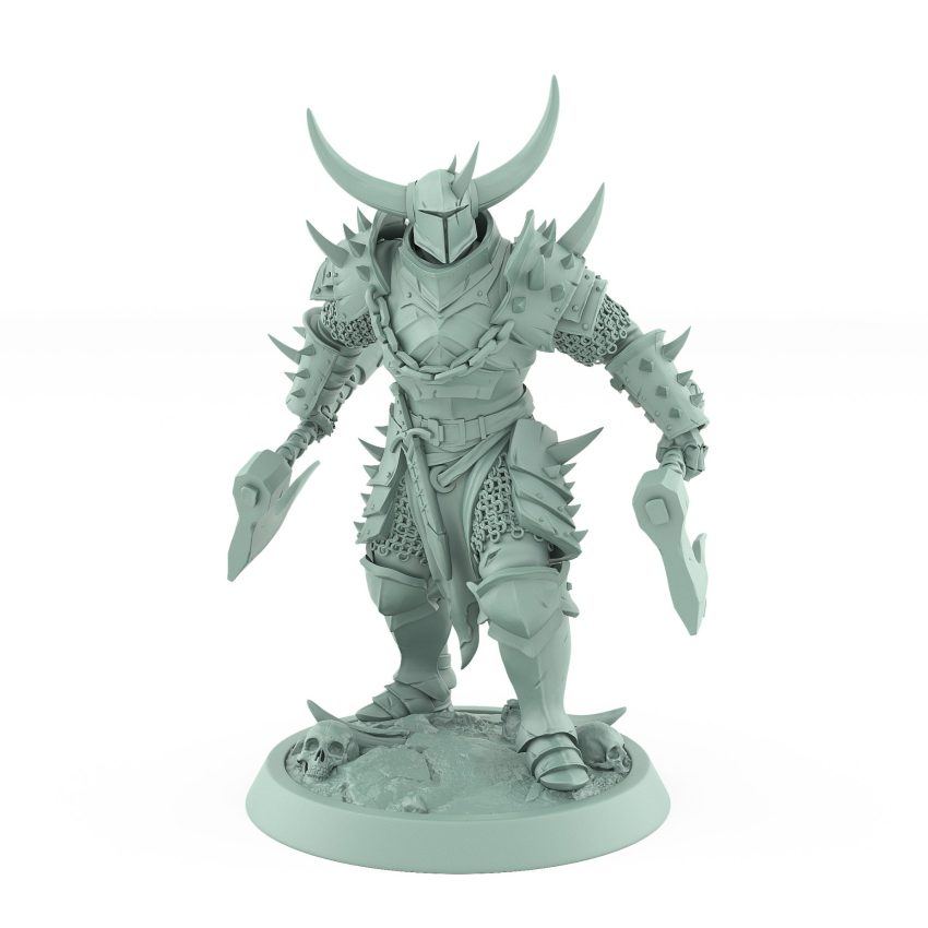 human fantasy miniature with dual axes horned helmet and spiked armor from the unchained collection