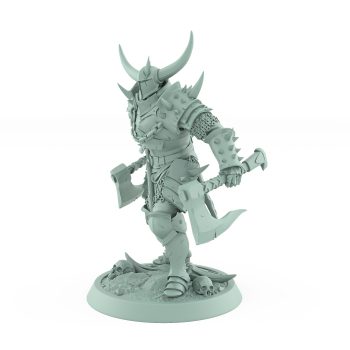 human fantasy miniature with dual axes horned helmet and spiked armor from the unchained collection
