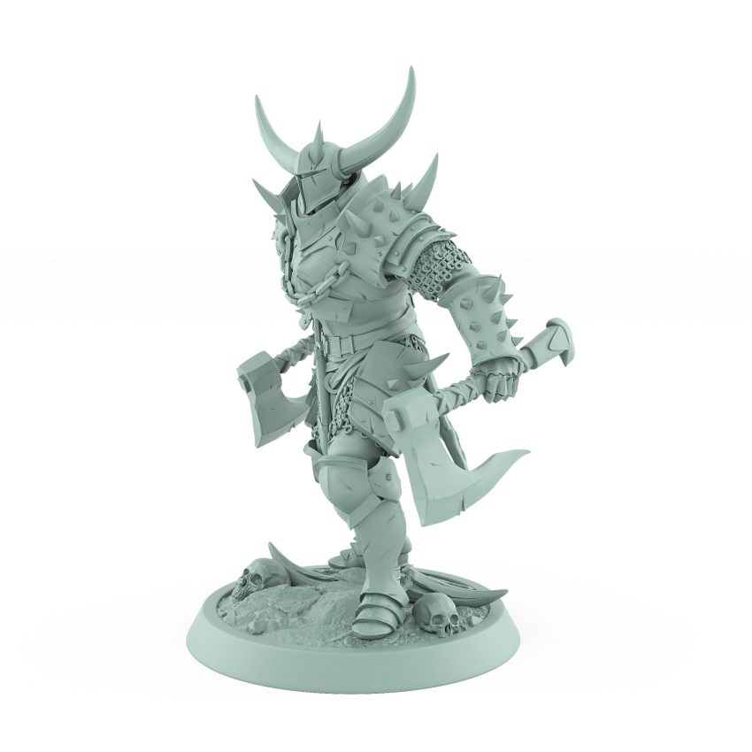 human fantasy miniature with dual axes horned helmet and spiked armor from the unchained collection