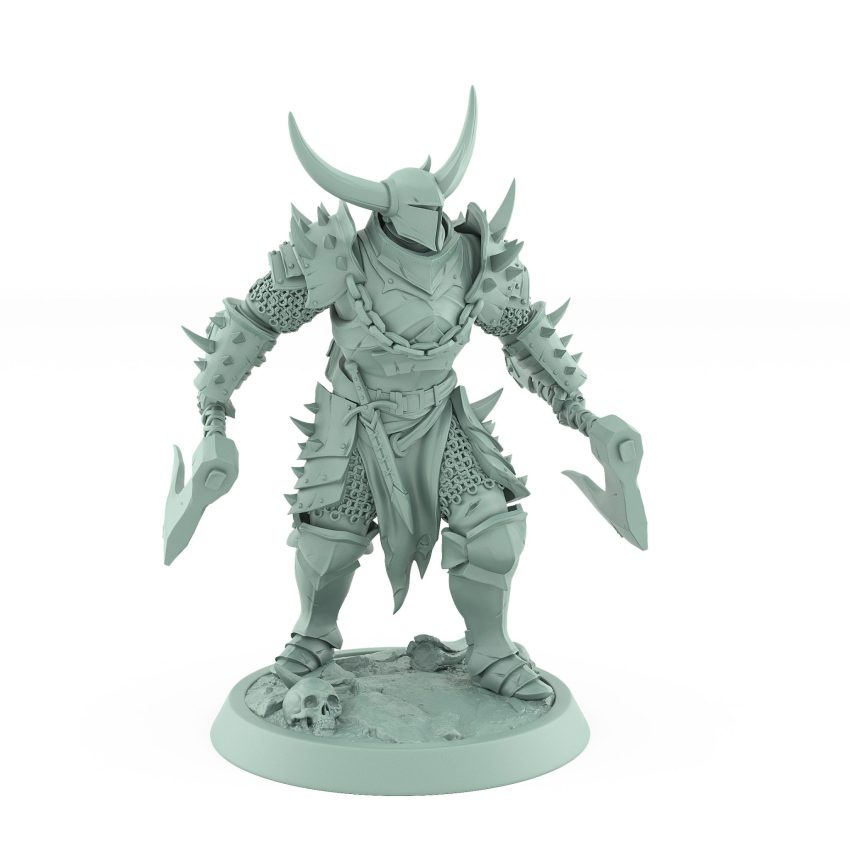human fantasy miniature with dual axes horned helmet and spiked armor from the unchained collection