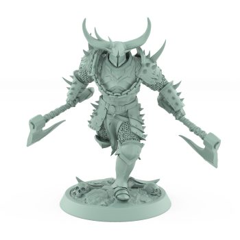 human warrior miniature charging with dual axes wearing horned armor from the unchained collection