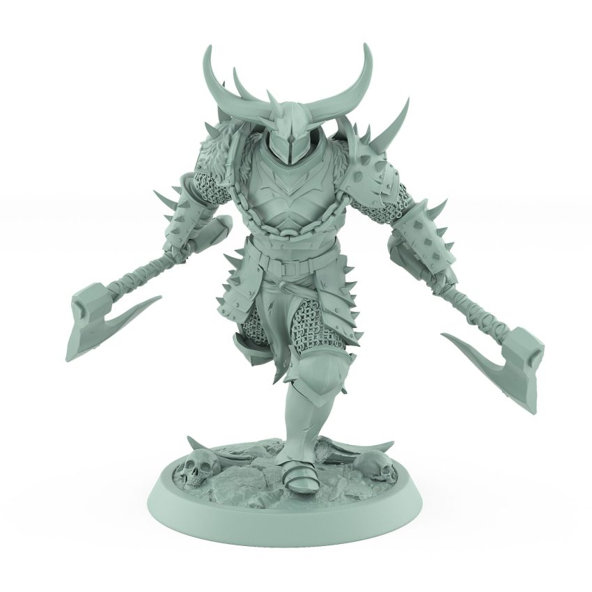 human warrior miniature charging with dual axes wearing horned armor from the unchained collection