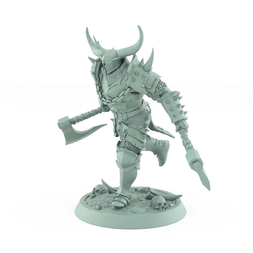human warrior miniature charging with dual axes wearing horned armor from the unchained collection