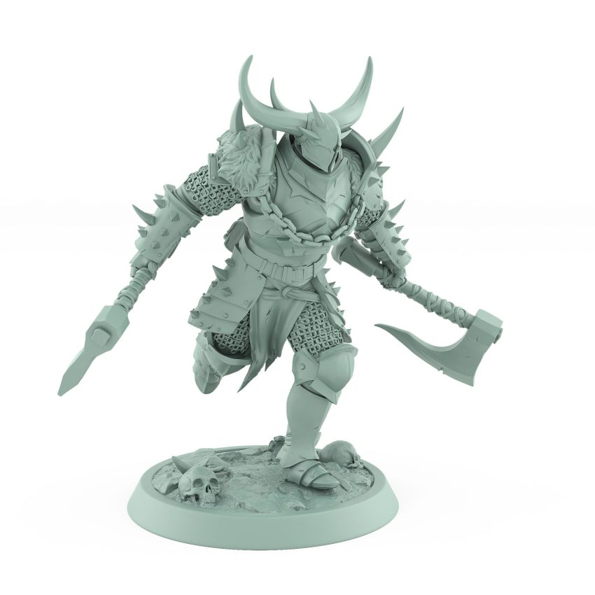 human warrior miniature charging with dual axes wearing horned armor from the unchained collection