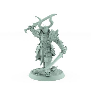 human warrior miniature charging with dual axes wearing horned armor from the unchained collection